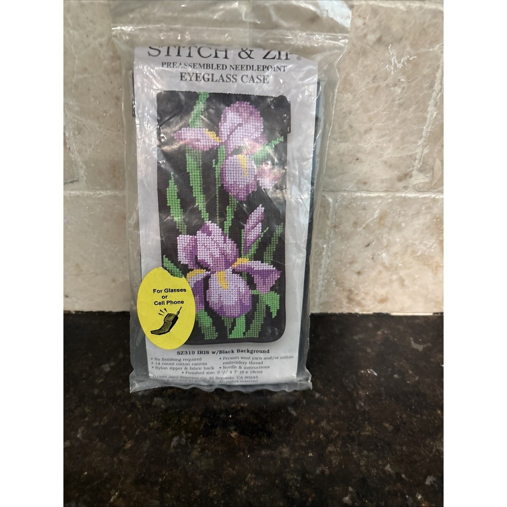 Stitch And Zip Iris Needlepoint Eyeglass Cell Phone Case Kit Core NEW Floral